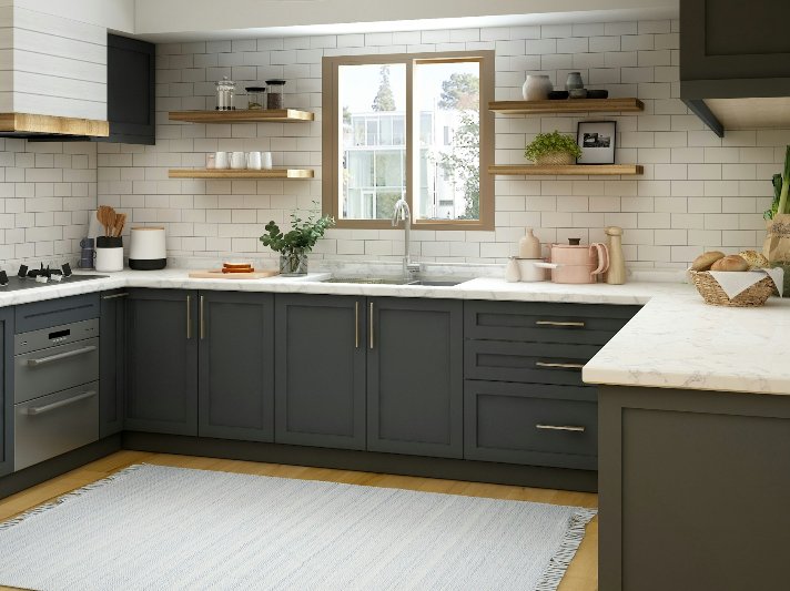 Compact kitchen with subway tile backsplash and dark grey cabinets
